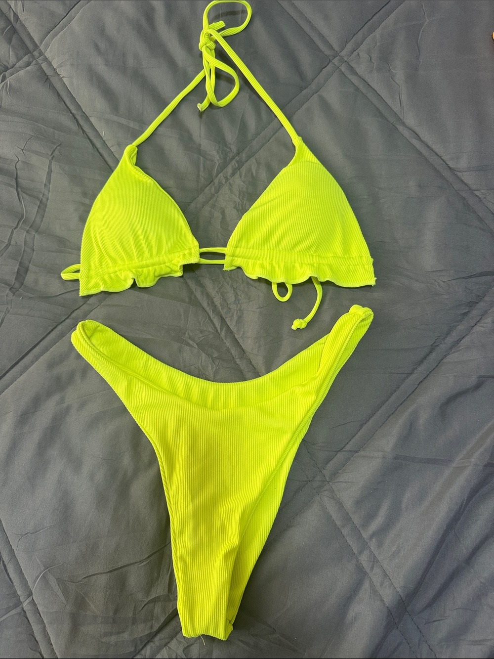 Neon Yellow Ribbed Triangle Bikini Set
